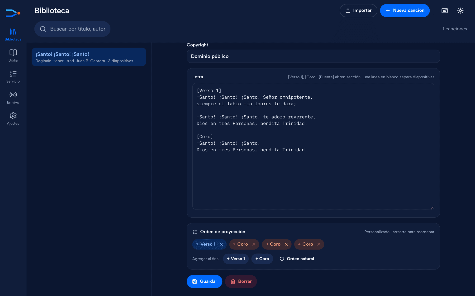 Editor de canción en CuePoint con la letra y el orden de proyección