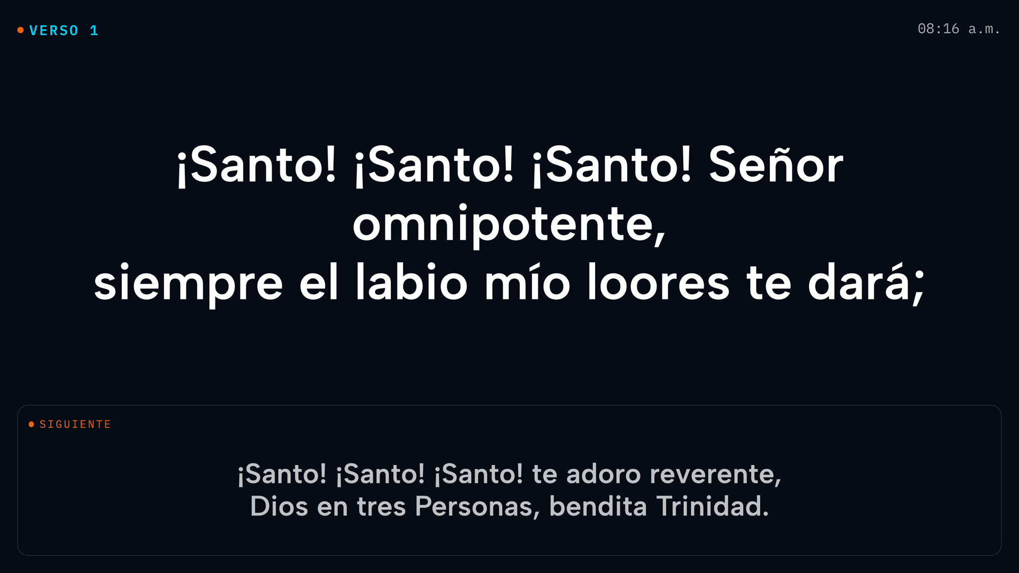 Salida de escenario con la parte actual, lo siguiente en naranja y el reloj