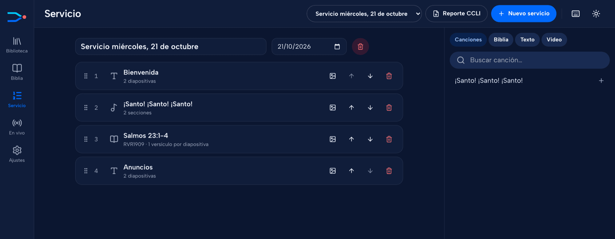 Orden del servicio con bienvenida, canción, salmo y anuncios