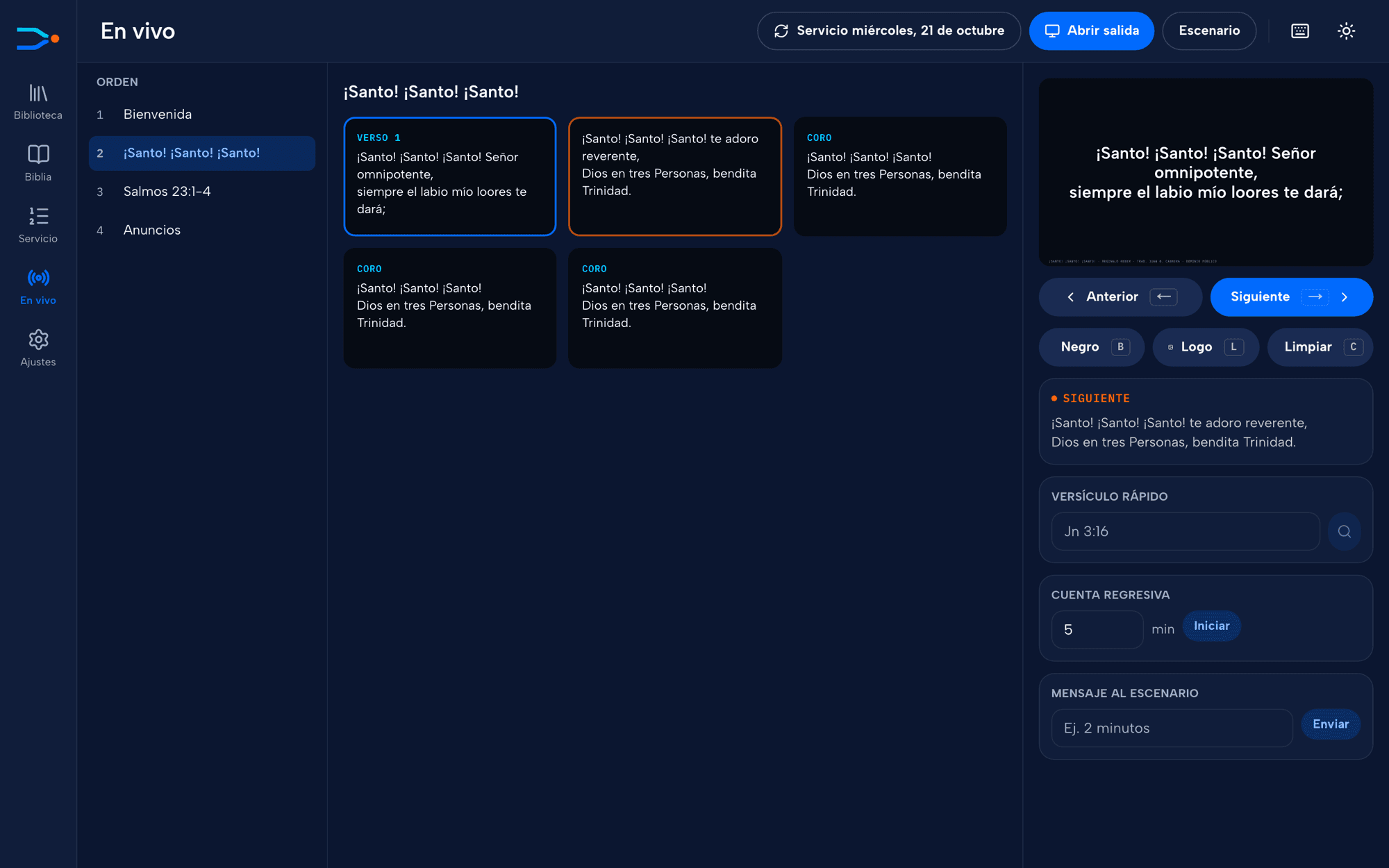 CuePoint en vivo: orden del servicio, diapositivas de la canción y vista previa